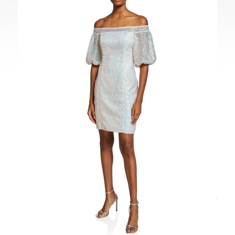 Aidan Mattox Sequin & Lace Off The Shoulder Ivory Dress Sz 10 - Picture 2 of 6